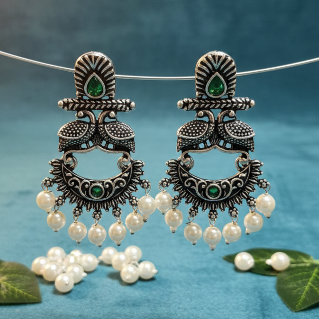 Emerald Oxidised Pearl Chandbali