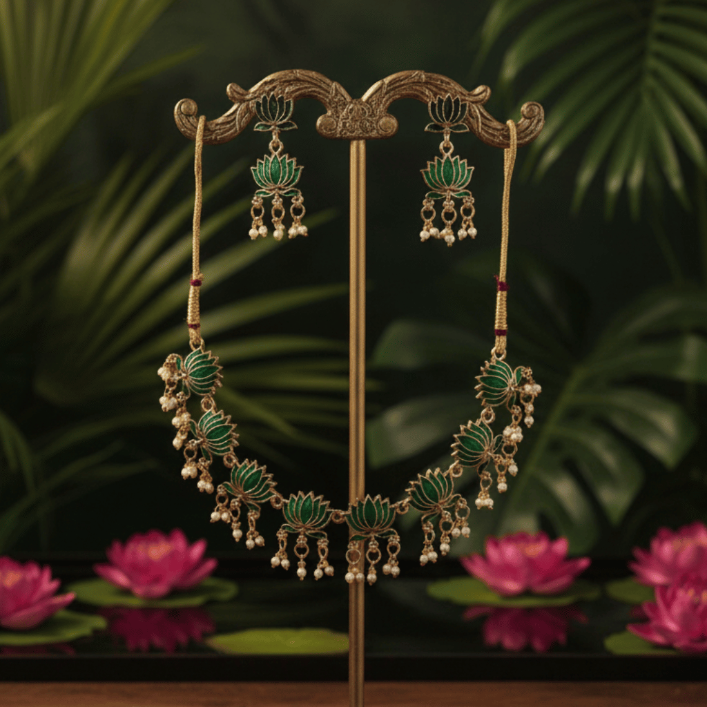 Emerald Green Lotus Pearl Choker  Set