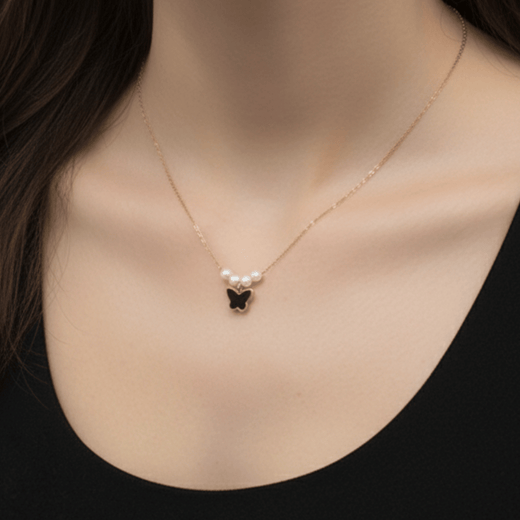 Anti Tarnish Butterfly Pearl Pendant Necklace