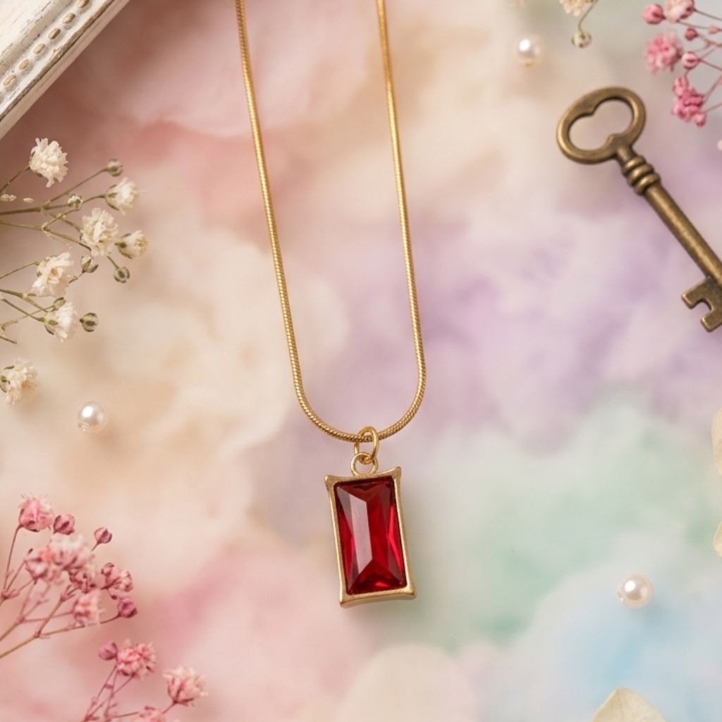Antitarnish Gold Necklace with Maroon Square Pendant | Statement Jewelry for Women