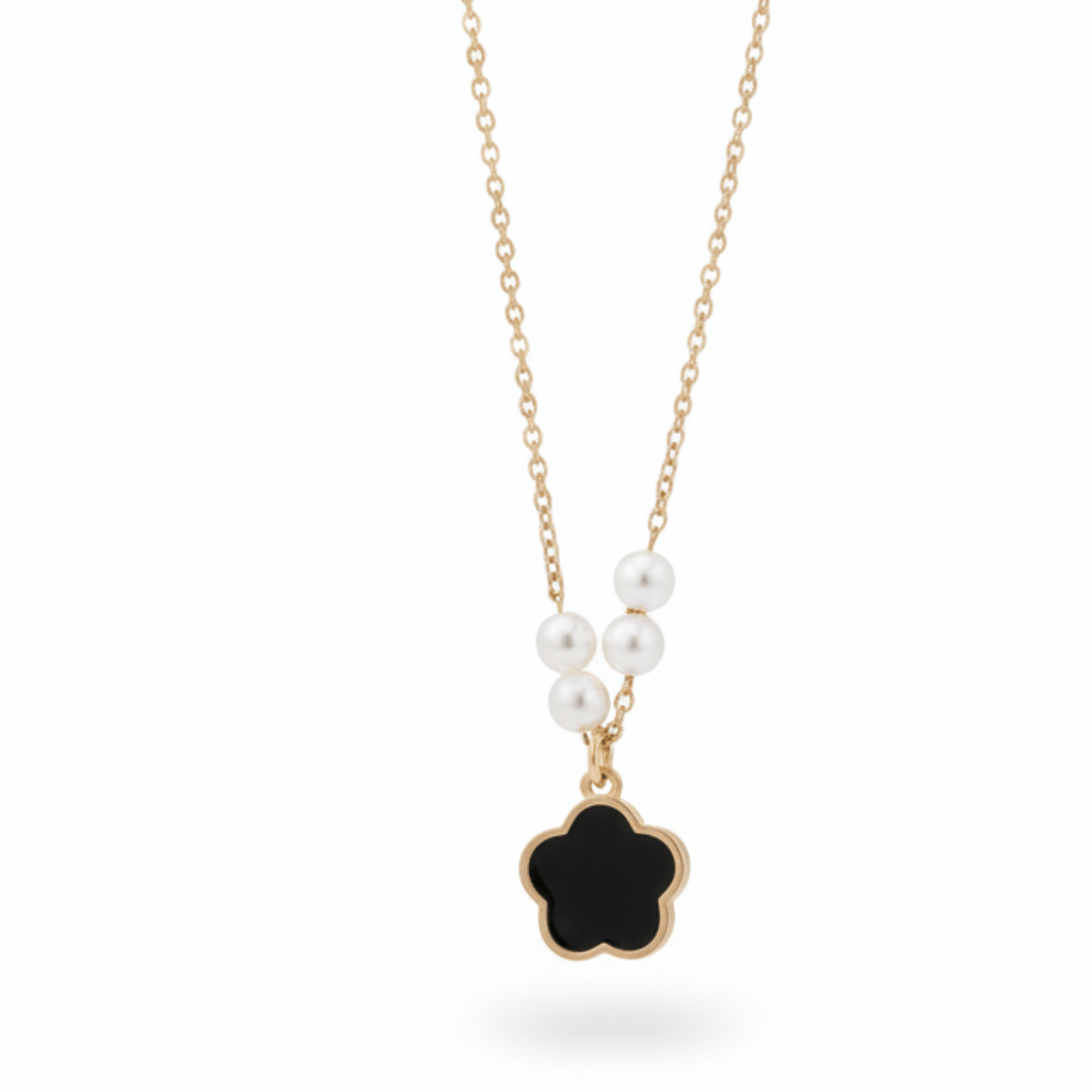 Anti Tarnish Black Flower Pearl Pendant Necklace