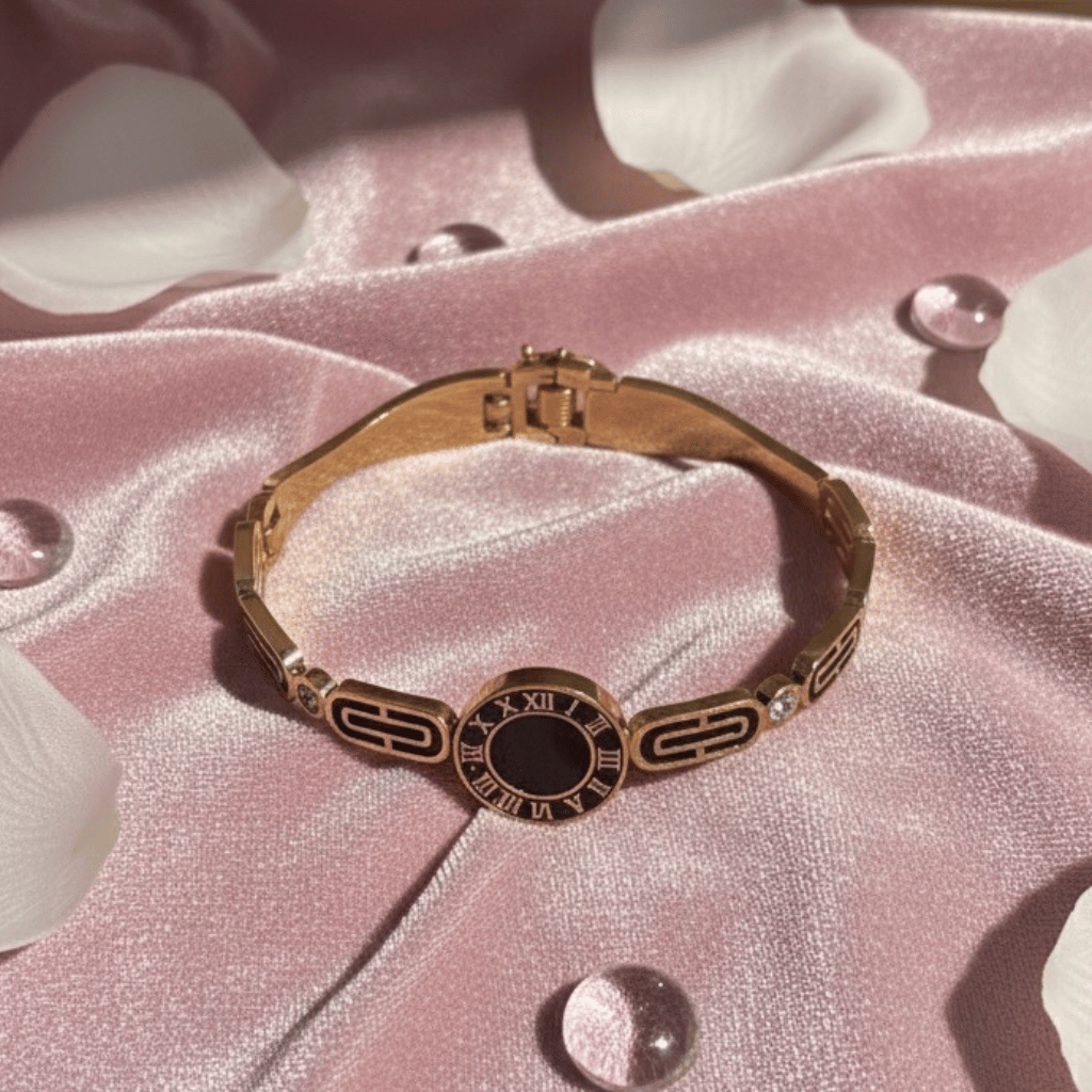 Elegant Roman Dial Black Enamel Bracelet