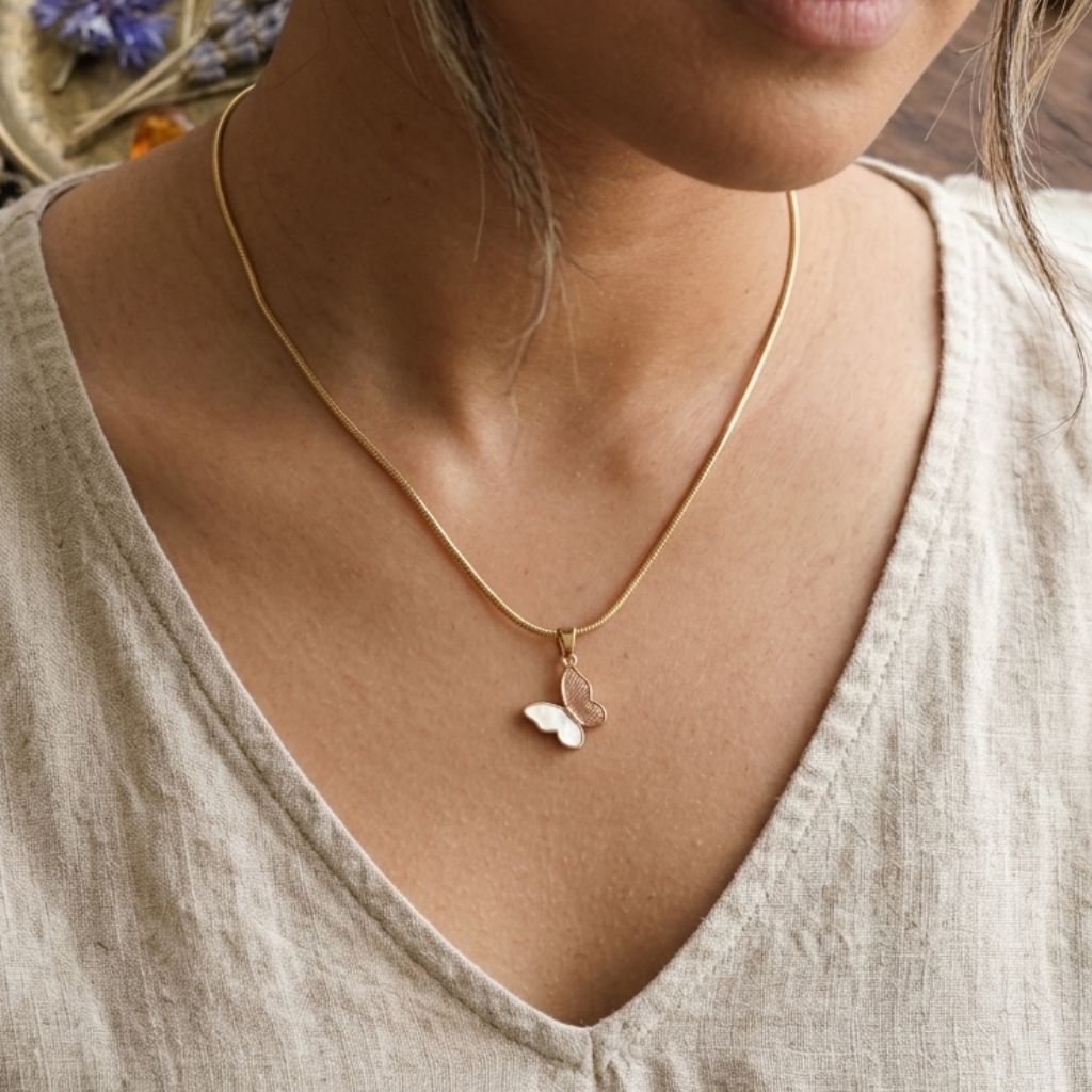Antitarnish Gold Necklace with White Butterfly Pendant | Dainty Jewelry for Women