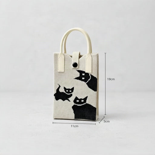 A small woven tote bag with cream handles and trim, featuring a black cat pattern on a light beige body. Measurement labels showing 11cm width, 19cm height, and 5cm depth are overlaid on the image.
