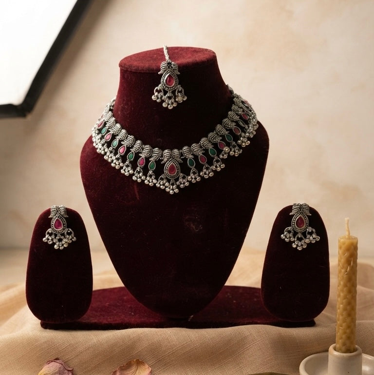 Regal Ruby & Emerald Silver Choker Set