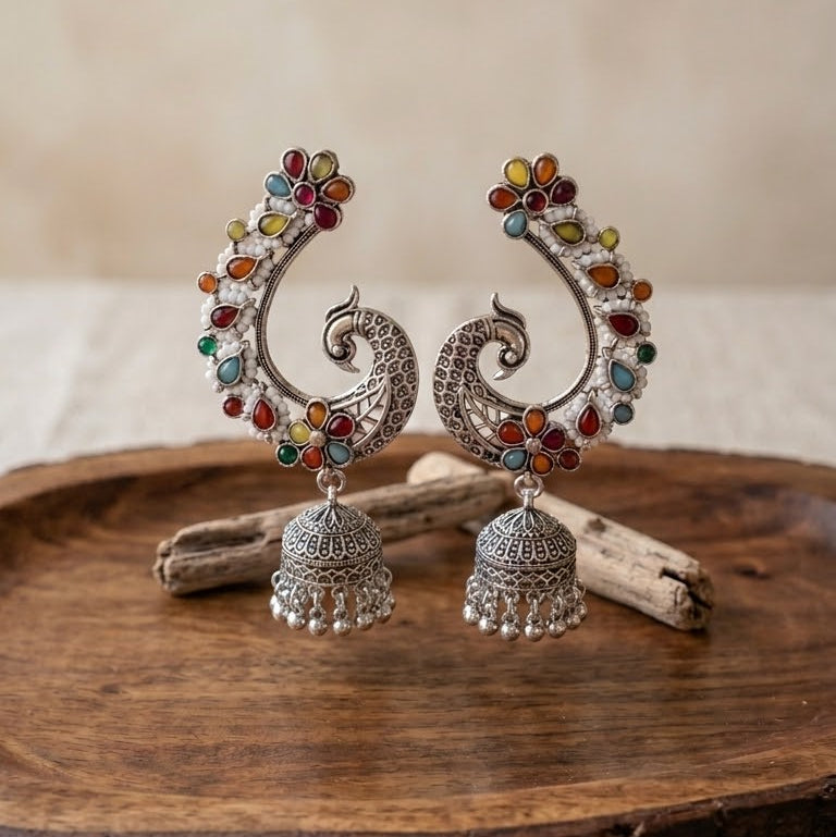 Regal Peacock Multicolor Stone Jhumka Earrings