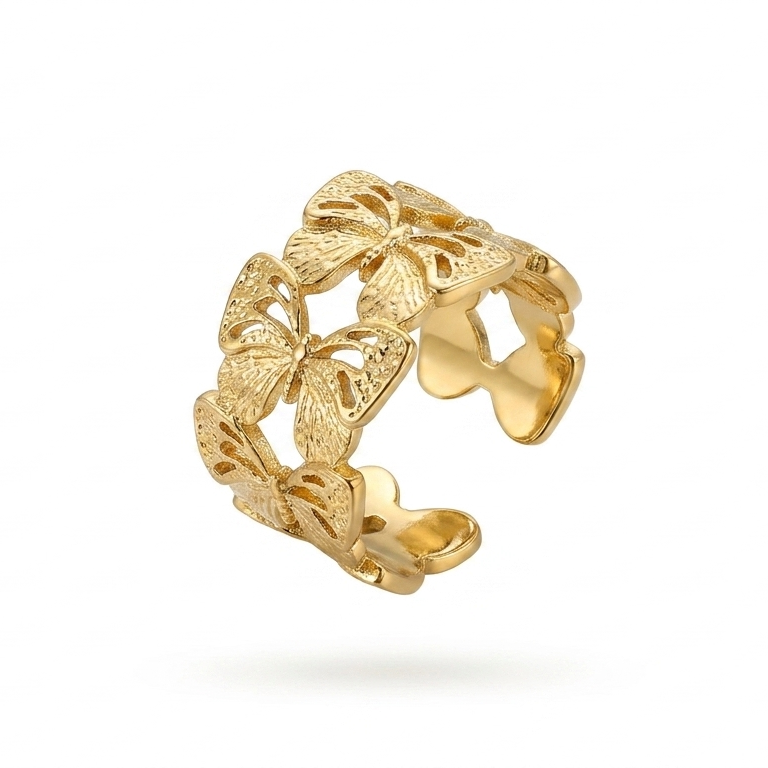 Adjustable Anti-Tarnish Gold Butterfly Ring white bg