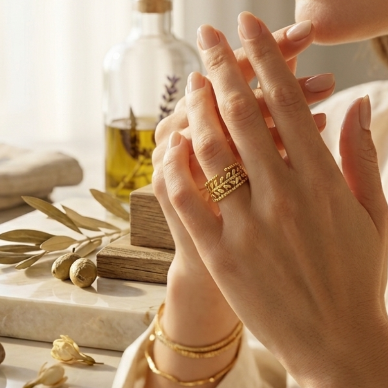 Adjustable Gold Leaf Vine Band Ring wear in hand