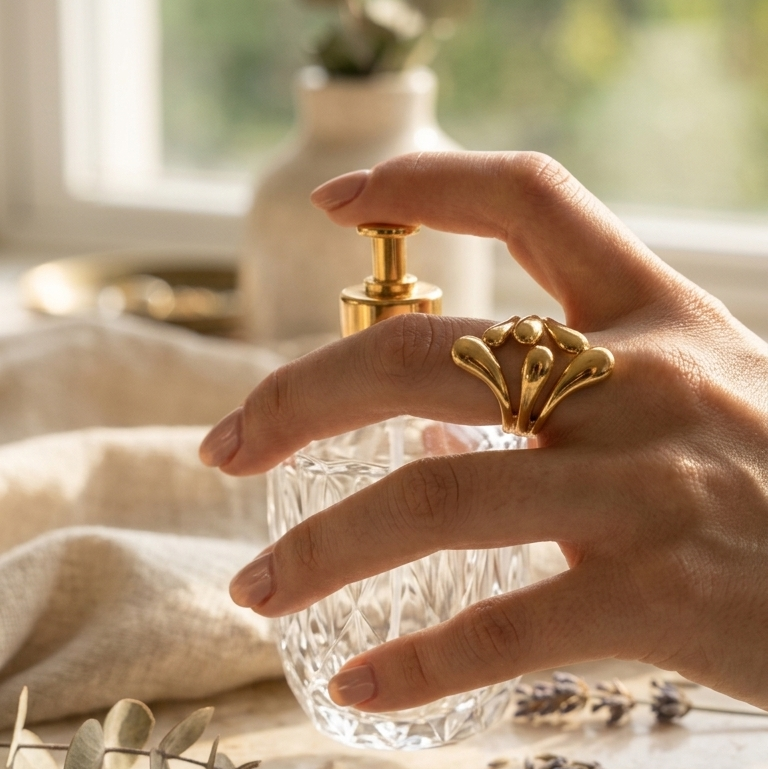 Adjustable Gold Teardrop Floral Ring wear