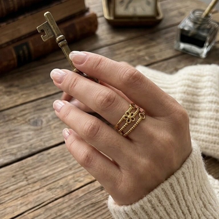 Adjustable Gold Triple Band Charm Ring hand