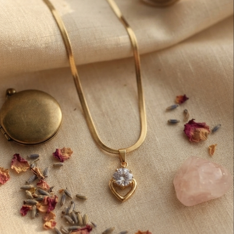 Anti-Tarnish gold chain necklace with a small heart-shaped pendant set with a clear gemstone