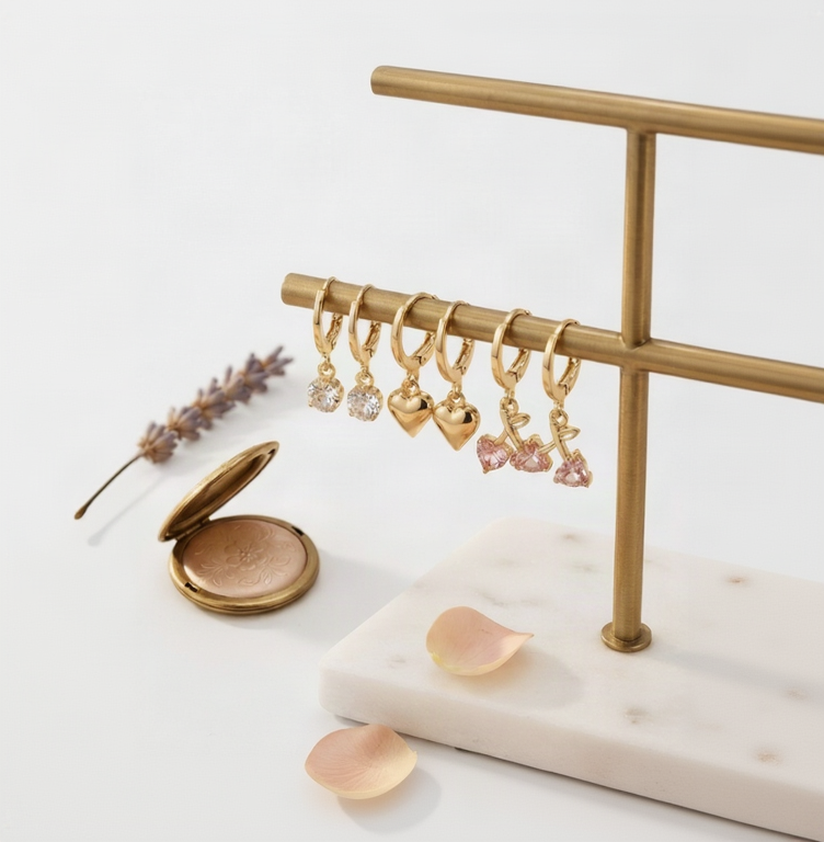 Anti-Tarnish gold hoop earrings with heart and flower charms