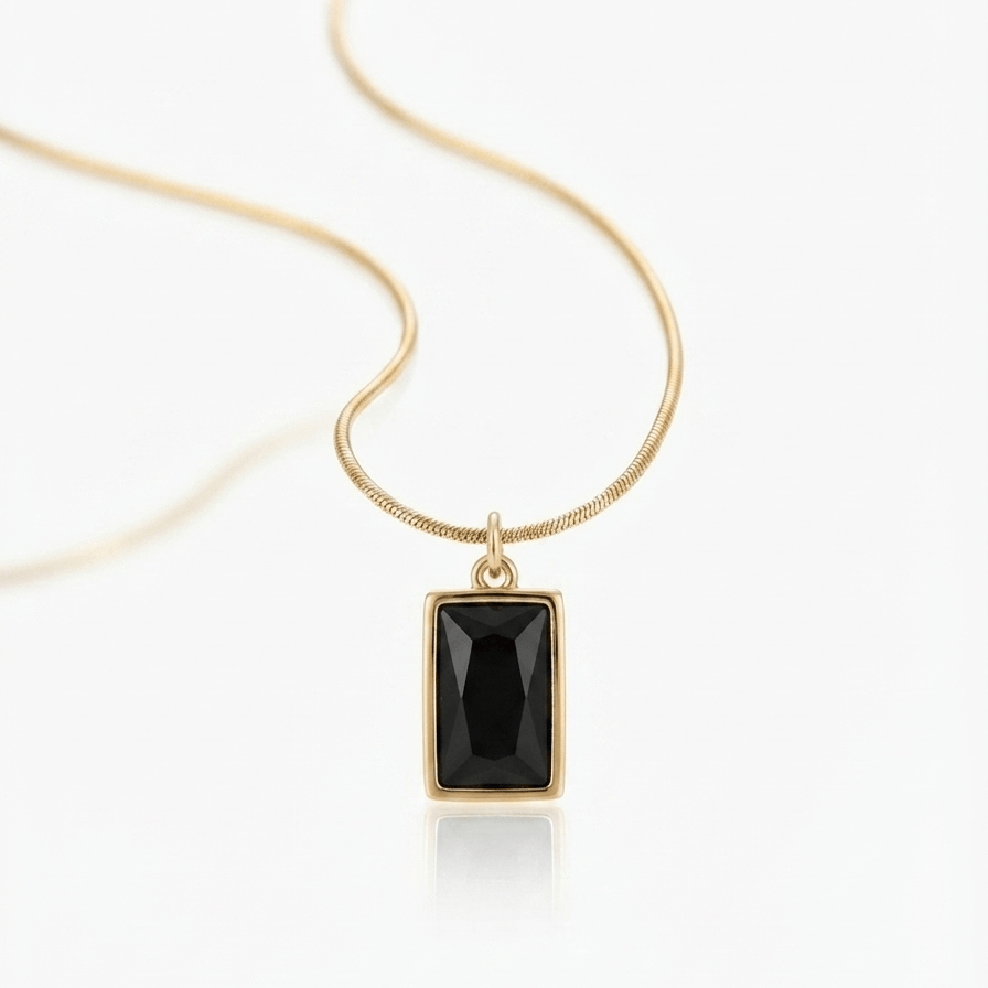 Anti-tarnish gold chain necklace with a rectangular black faceted gemstone pendant