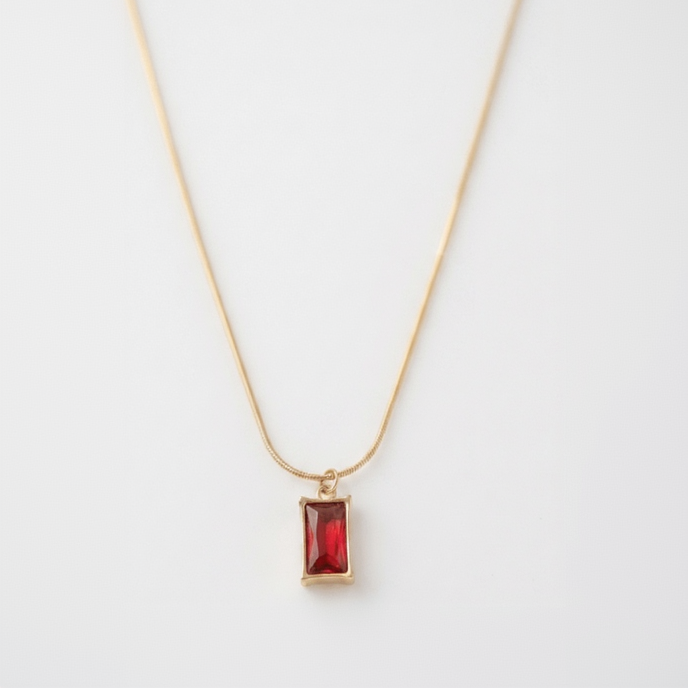 Anti-tarnish gold chain necklace with rectangular red gemstone pendant
