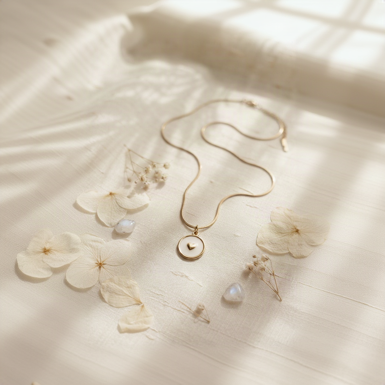 Antitarnish gold necklace with a circular pendant featuring a small heart