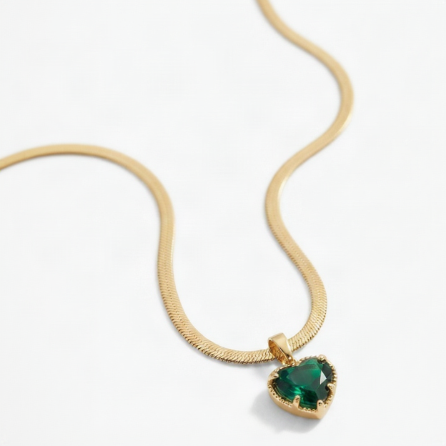 Emerald Green Heart Pendant Necklace | Anti-Tarnish white bg