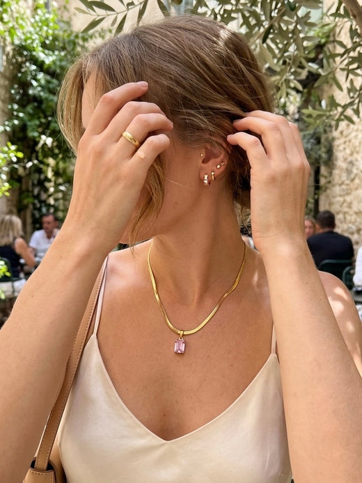 Antitarnish Gold Necklace with Pink Square Pendant | Snake Chain Jewelry for Women