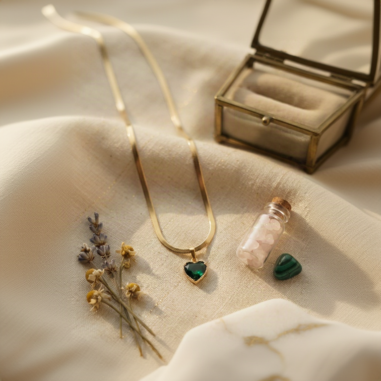 Gold Antitarnish necklace with a heart-shaped green gemstone pendant