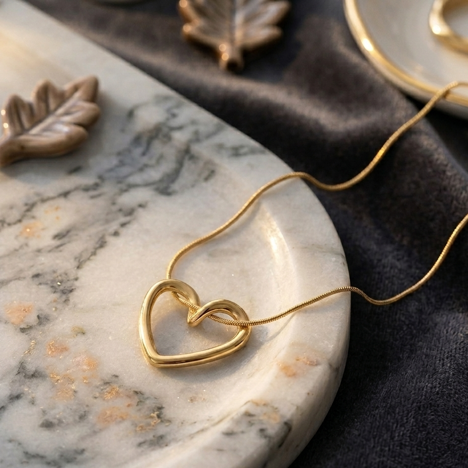 Gold heart-shaped necklace on a marble surface with decorative elements.