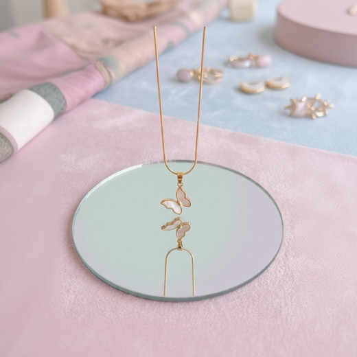 Necklace with butterfly pendant on a round mirror