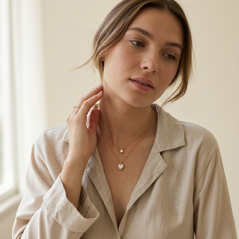 Woman wearing a gold necklace with a heart pendant