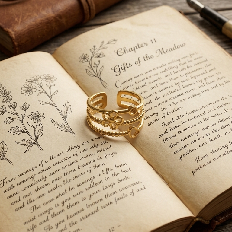 A pair of stacked gold rings with floral engravings rests on an open vintage book, styled with a leather journal, eyeglasses, a pen, and dried lavender on a rustic wooden table.
