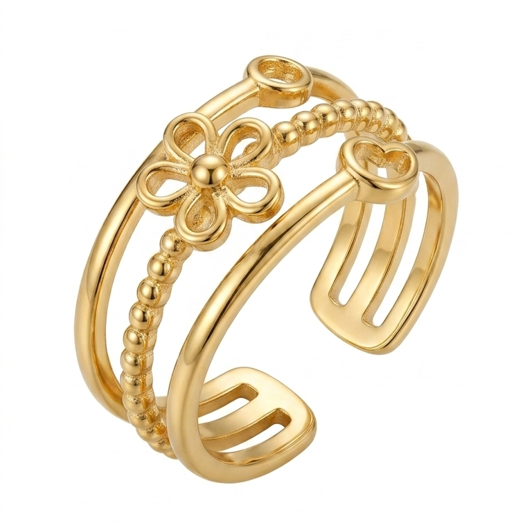 A gold-plated open cuff ring featuring a decorative flower motif and textured beaded details, shown on a plain white background.