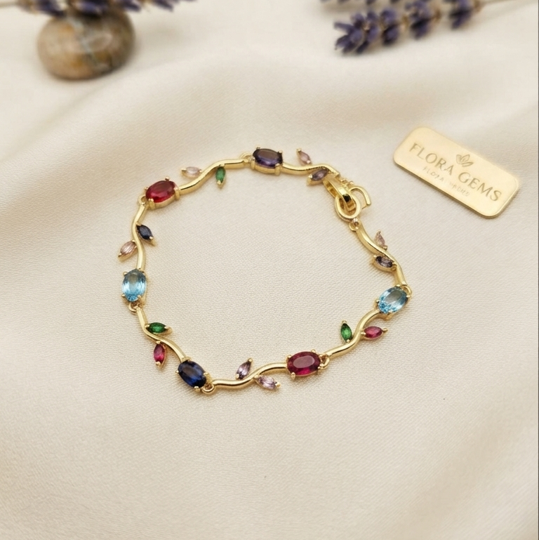 Tulip antitarnish gold bracelet with colorful gemstone accents