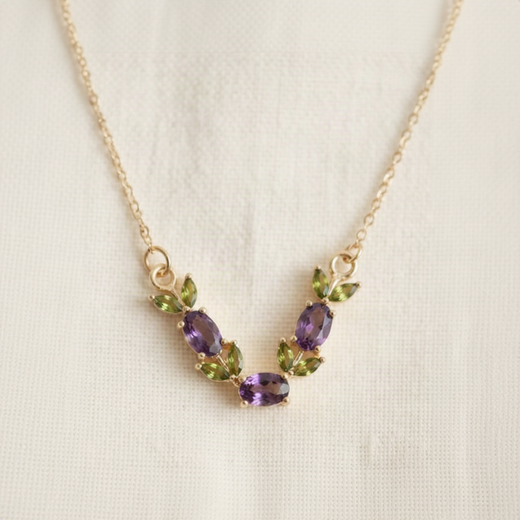 Tulips Crystal Leaf Necklace & Earring Set purple