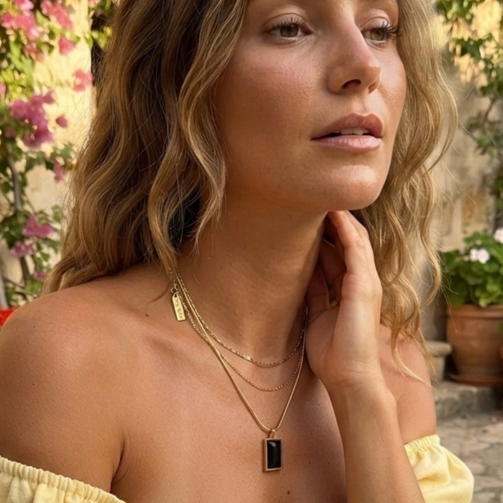 Antitarnish Gold Necklace with Black Pendant | Durable Chain Jewelry for Women