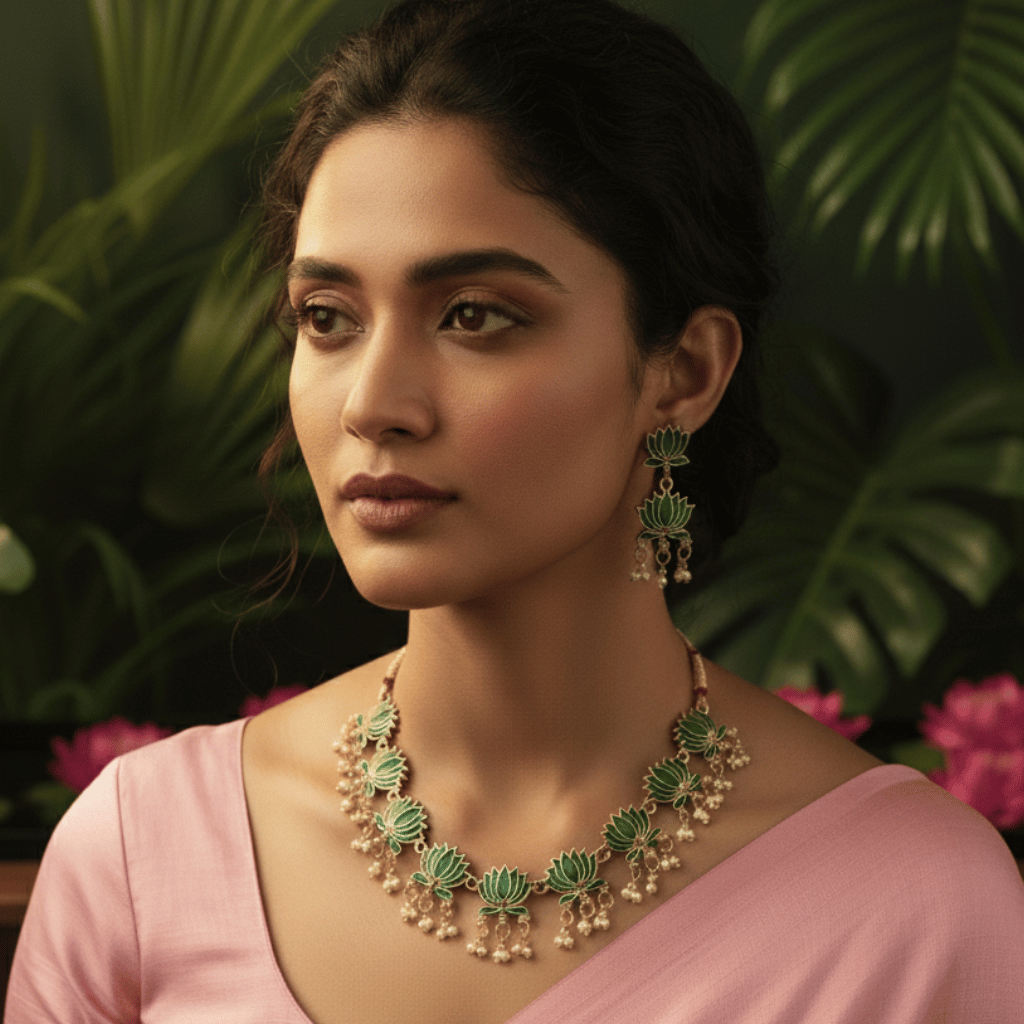 Emerald Green Lotus Pearl Choker  Set