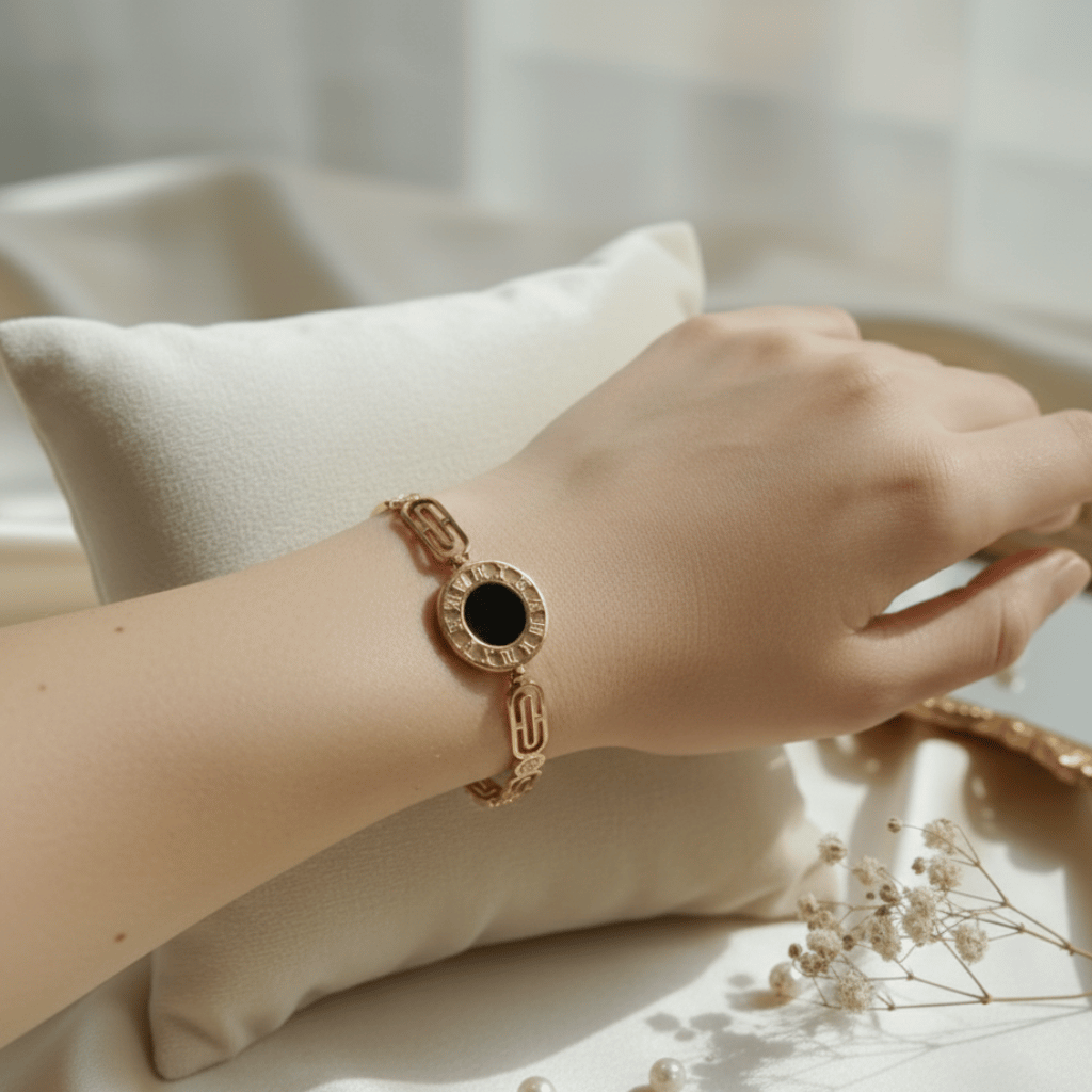 Elegant Roman Dial Black Enamel Bracelet