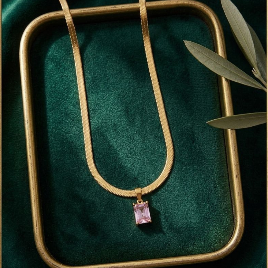 Antitarnish Gold Necklace with Pink Square Pendant | Snake Chain Jewelry for Women
