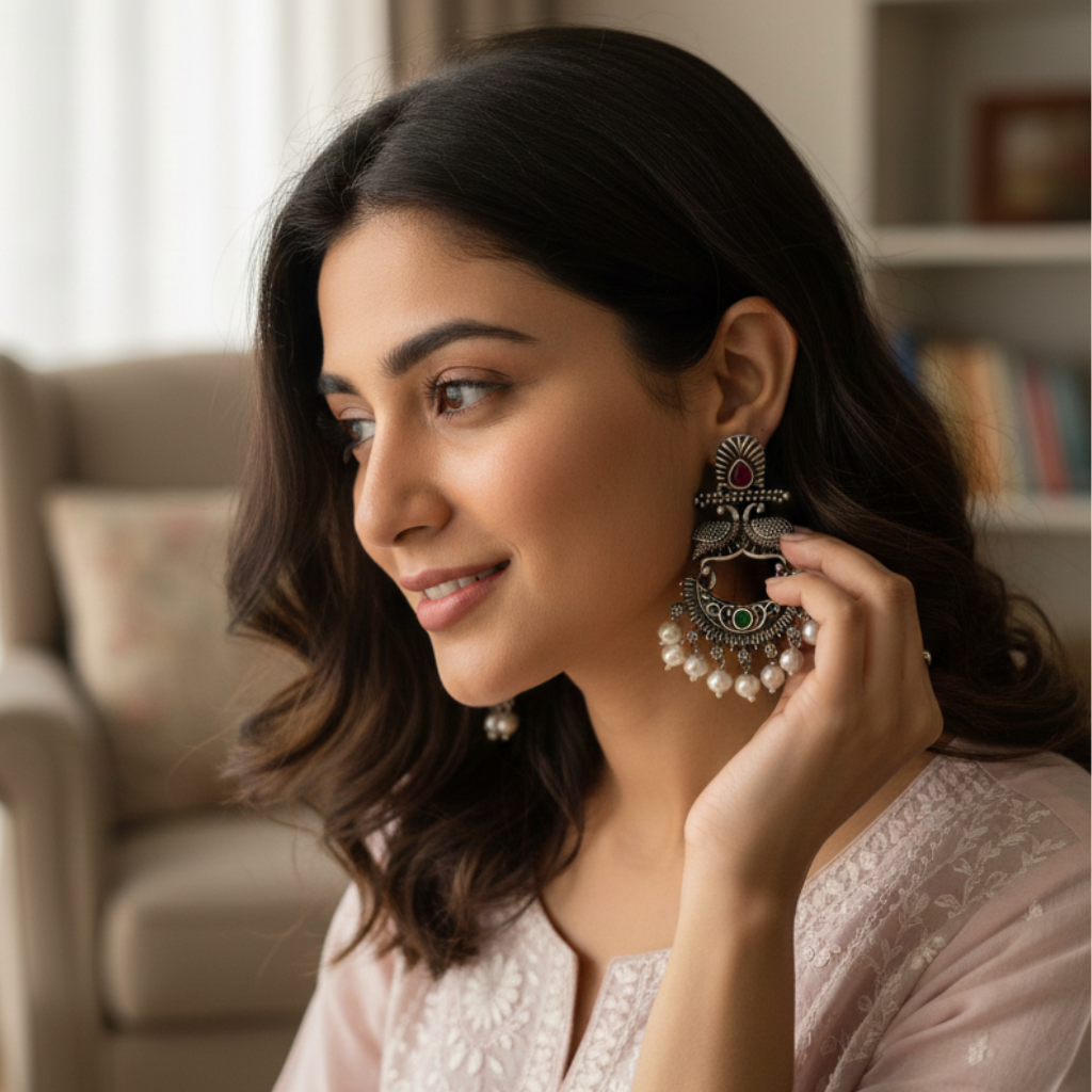 Emerald Oxidised Pearl Chandbali