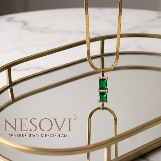 Antitarnish Gold Necklace with Green Emerald Pendant | Snake Chain Jewelry for Women