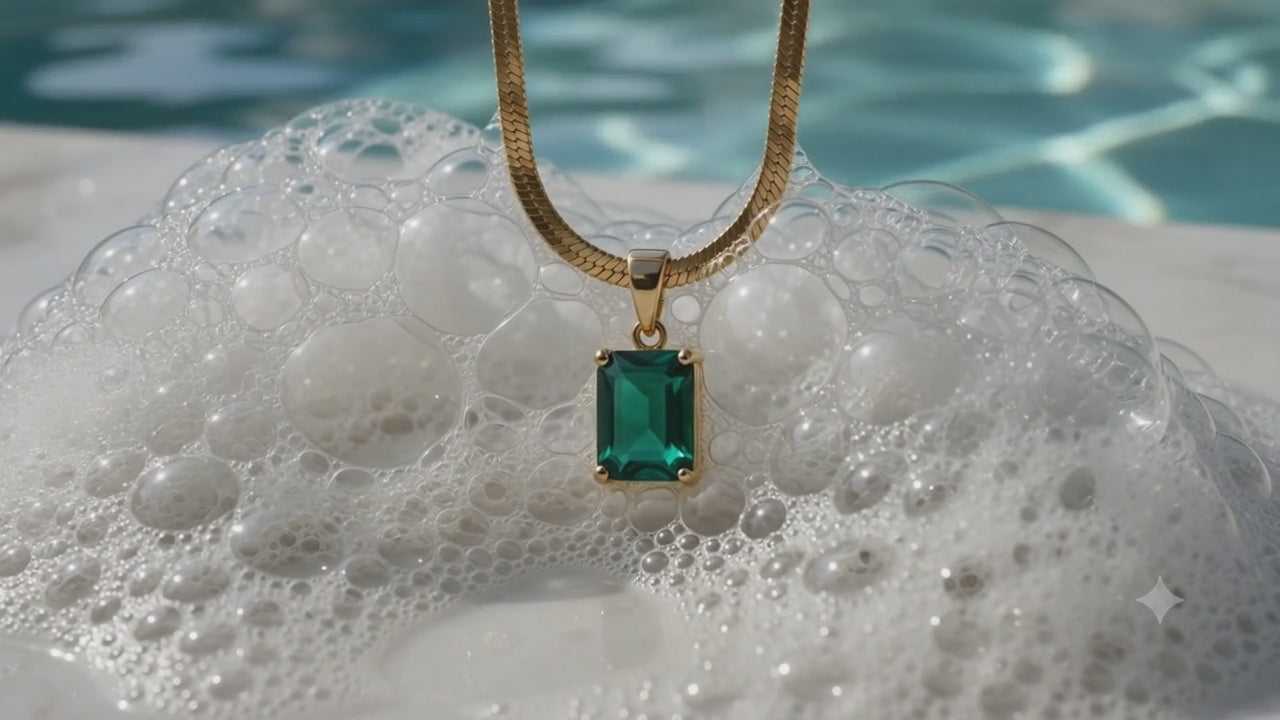 Antitarnish Gold Necklace with Green Emerald Pendant | Snake Chain Jewelry for Women